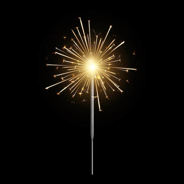 Burning sparkler Bengal light realistic christmas new year and happy birthday sparkling candle pyrotechnics for party Firework isolated on black background Vector 3d illustration