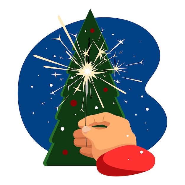 Burning sparkler in hand flat vector illustration. Bengal light fire. Christmas, New Year