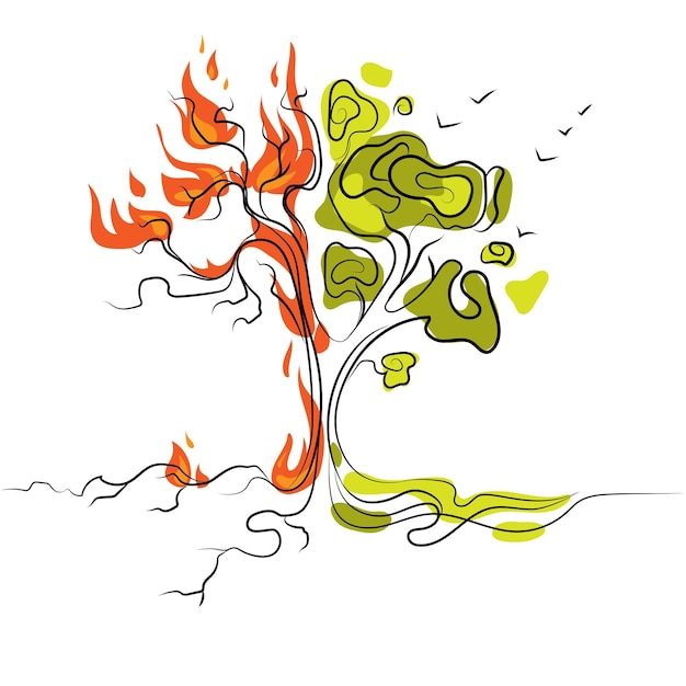 Burning tree and living green tree,global warming and drought,forest fires.Vector .Save the planet