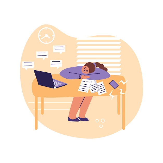 Vector burnout concept tired frustrated exhausted office worker flat vector illustration of fatigue at work