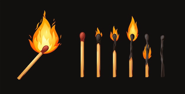 Burnt match stick with fire Set of matchsticks with sulfur head flaming stages ignition  extinction