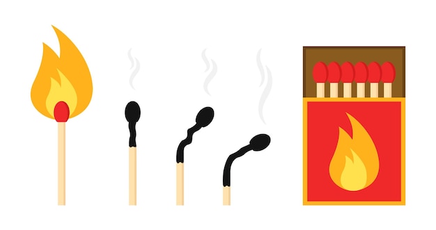 Burnt matchstick with smoke and red matchbox icon.