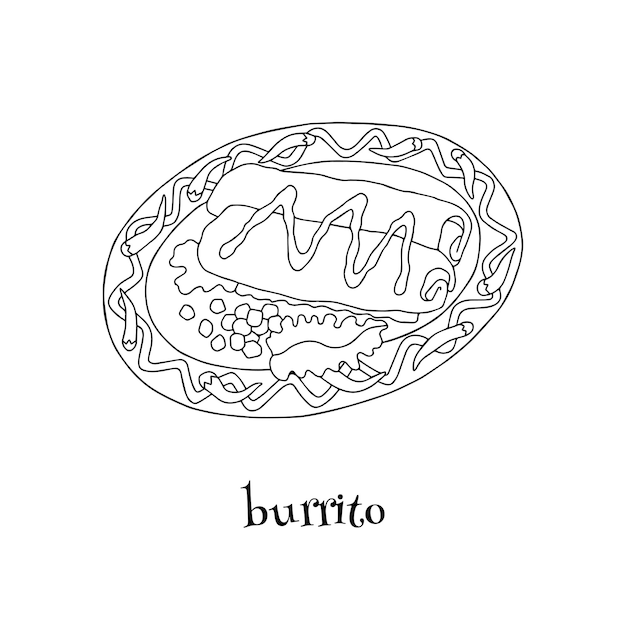 Burrito on the ornamental plate and vegetables black and white design isolated on white background