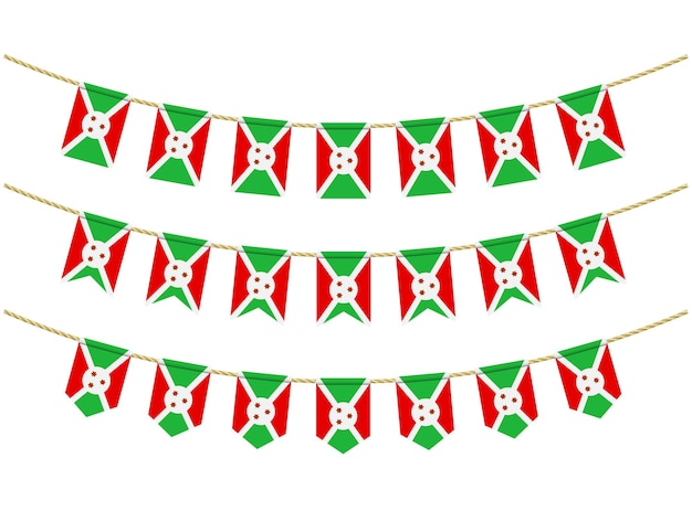 Burundi flag on the ropes on white background. Set of Patriotic bunting flags. Bunting decoration of Burundi flag