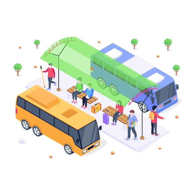 Bus passengers waiting for the bus isometric illustration