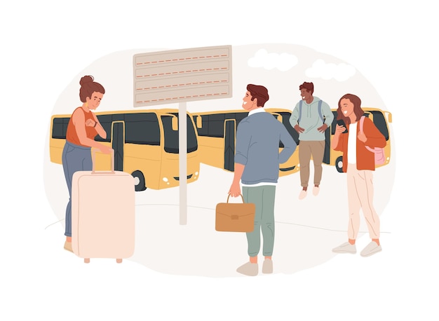 Bus station isolated concept vector illustration Bus stop pick up drop off passengers station depot traveler waiting stressed people rush hour public transport billboard vector concept