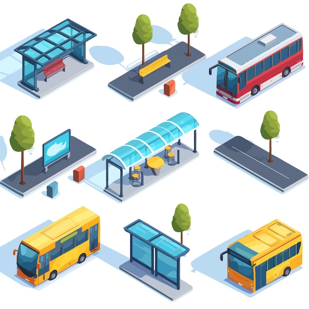 Vector bus_stop_and_two_way_road_isometric_icon_set