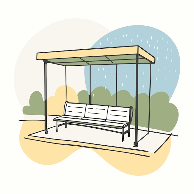 a bus stop with a bench and a rain drop on it