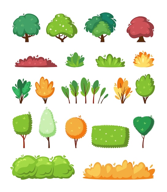 Bushes and trees plants from garden botanical trees Vector outdoor templates collection in cartoon style