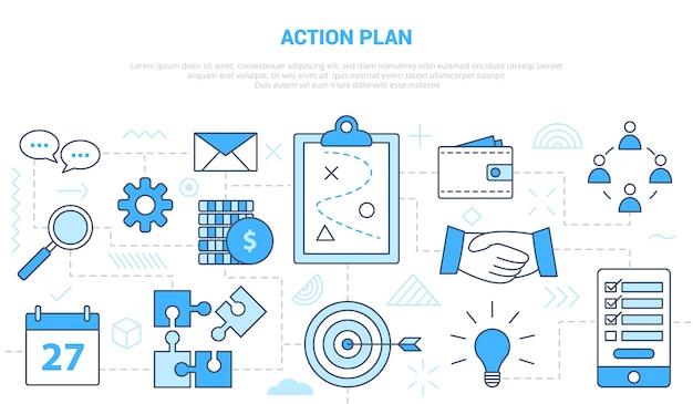 Business action plan concept with icon set template banner with modern blue color style   illustration