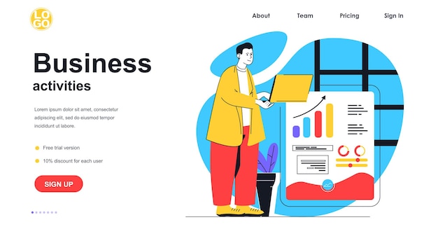 Business activities web banner concept. Businessman working at laptop, analysis financial data, create success strategy, landing page template. Vector illustration with people scene in flat design