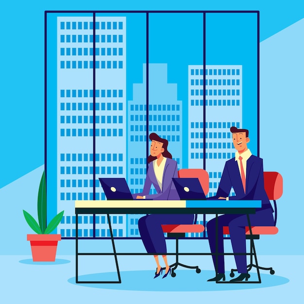 Business activity interaction people in office working together start up flat illustration