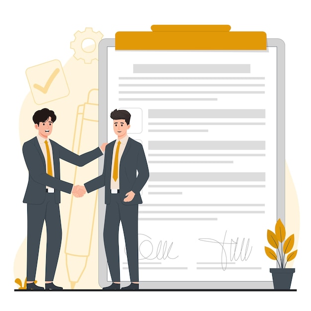 Vector business agreement concept with set of handshake and contract vector illustration