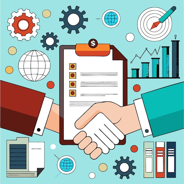 Vector business agreement illustration with graphs and gears