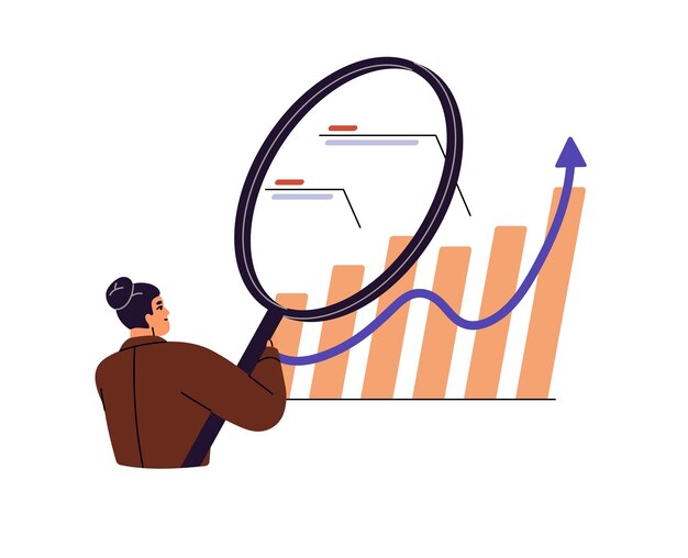 Vector business analysis concept financial analyst explores metrics on increasing chart diagram employee does research with kpi graphs magnifier flat isolated vector illustration on white background