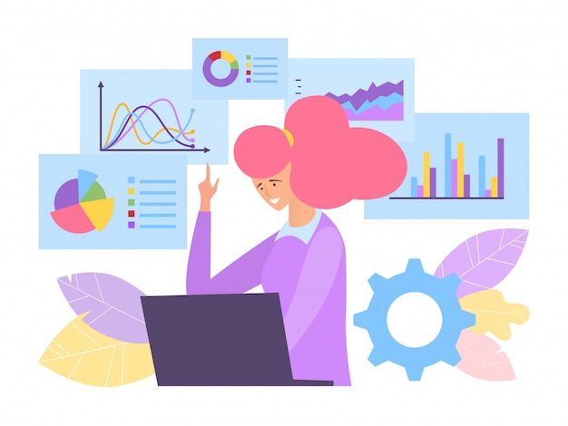 Business analysis concept  illustration. Specialist behind laptop simulates financial chart companys profit increase.