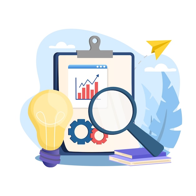 Vector business analysis concept with magnifying glass examining