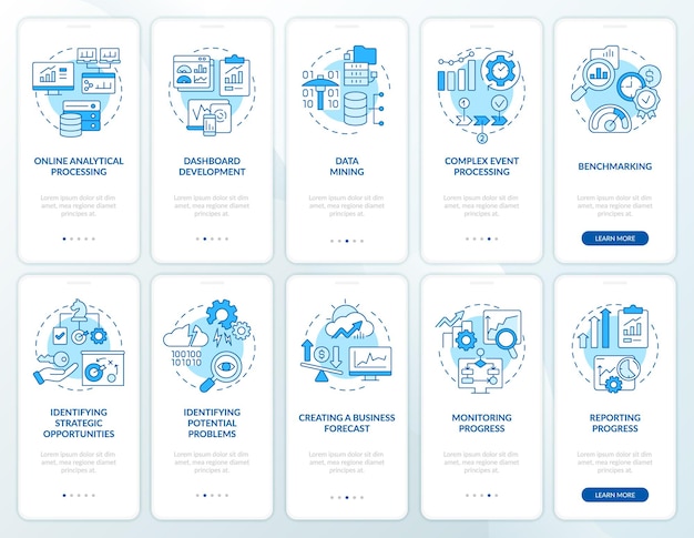 Business analysis and intelligence blue onboarding mobile app screen set