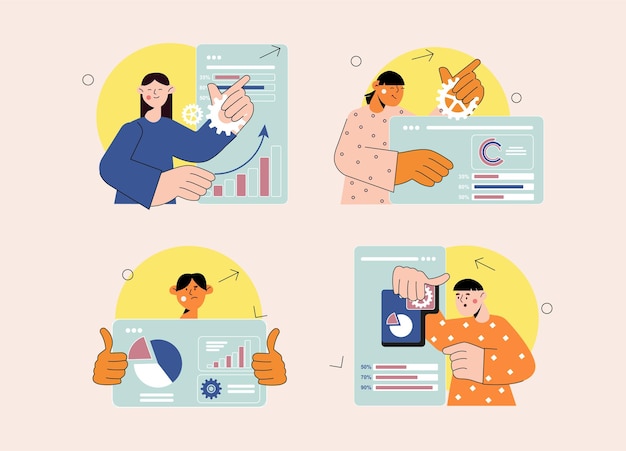 Business analysis set concept with people scene in the flat cartoon design