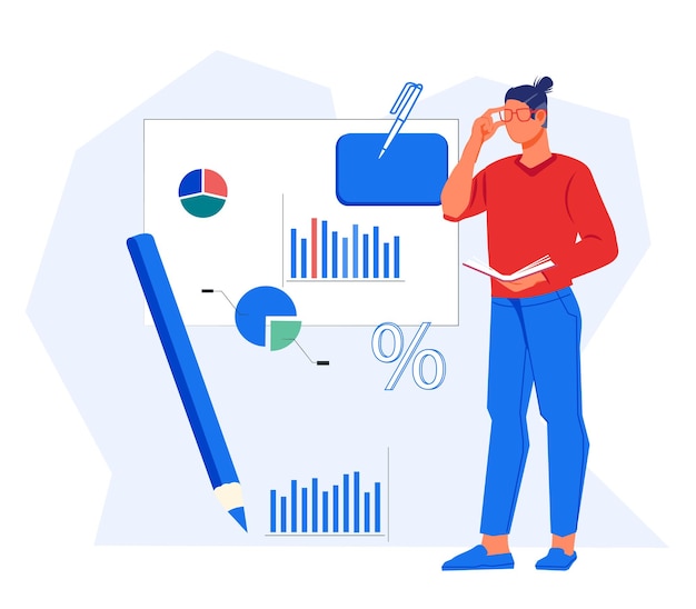 Business analyst analyzing financial statistics report, flat t vector isolated.