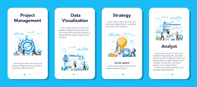 Business analyst mobile application banner set. Business strategy and project management. Optimization and progress. People working with graph and diagram.    