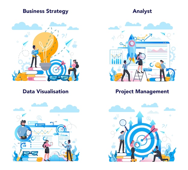 Business analyst web banner or landing page set. Business strategy and project management. Optimization and progress. People working with graph and diagram. 