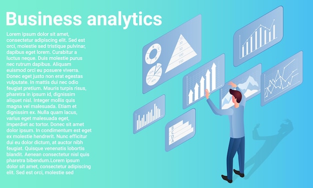 Business analytics A businessman studies graphs and charts and solves business issues