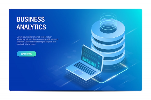Business analytics concept. Cloud computing. Big data center. Data exchange between laptop and server