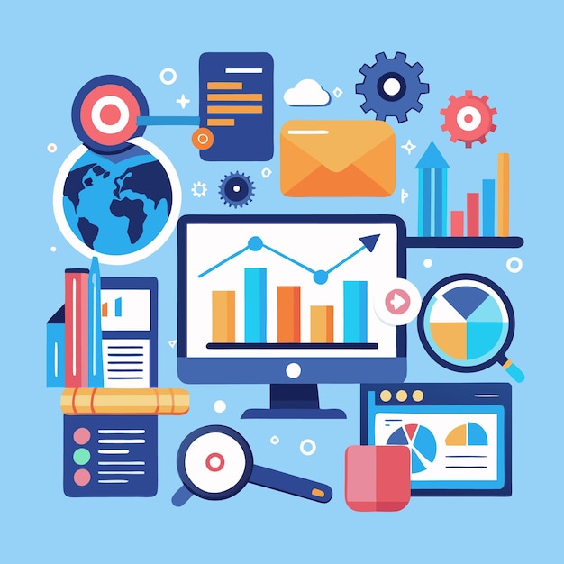 Business analytics concept with charts graphs and other elements