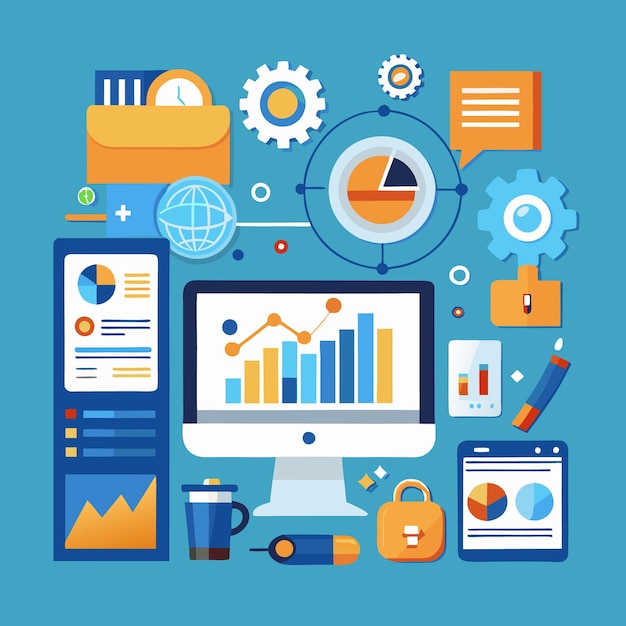 Business analytics and data visualization concept with charts graphs computer and other office supplies