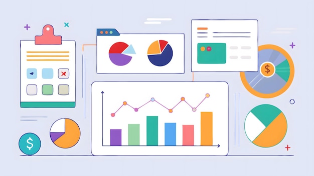 Vector business analytics and forecasting with financial data visualization using graphs and charts