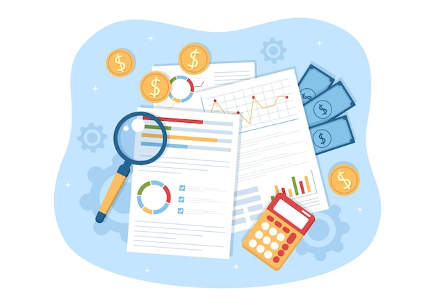 Business Audit of Documents with Charts and Financial Report Analytics in Flat Cartoon Illustration