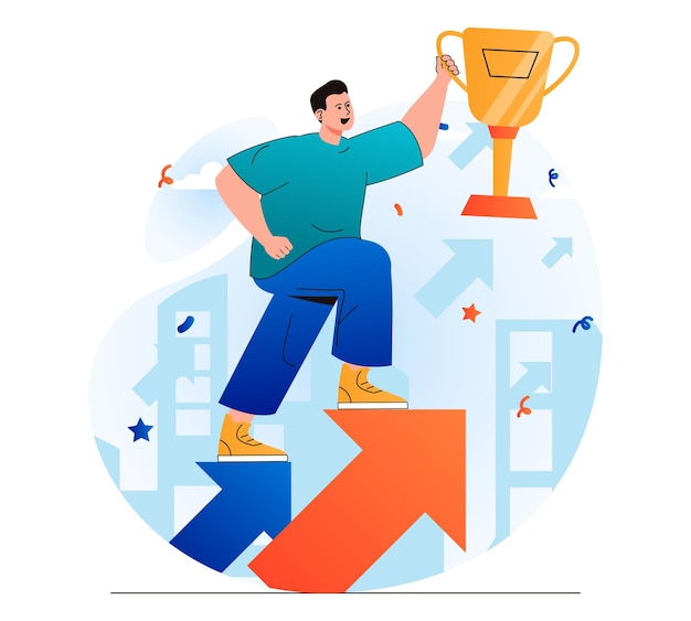 Business award concept in modern flat design Businessman holding gold cup and moves up on arrow