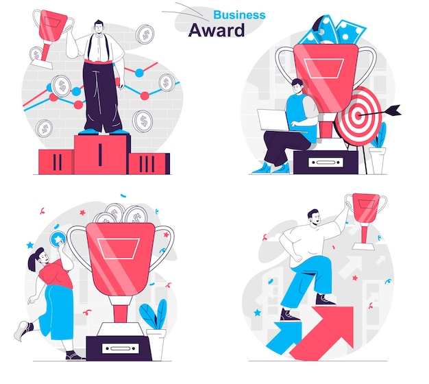 Business award concept set Successful businessman or businesswoman achieves goals