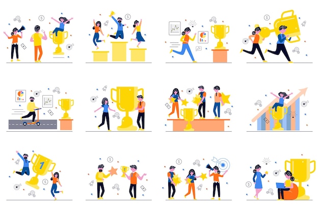 Business award concept with tiny people scenes set in flat design Bundle of men and women getting reward trophy or prize for goal achievement and career development Vector illustration for web