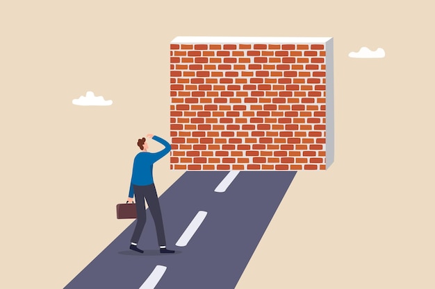 Business barrier obstacle or difficulty road block or career struggle trouble or problem to be solved prohibited or dead end concept confused businessman walk on the road to brick wall barrier