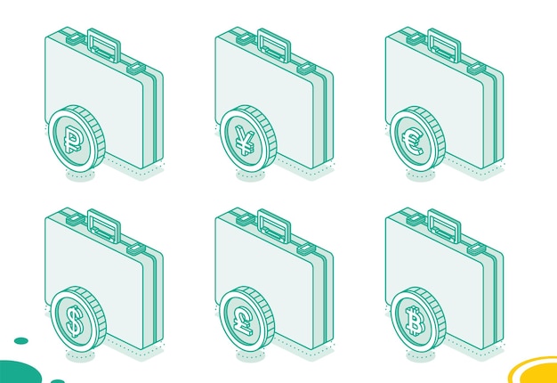 Business briefcase with dollar euro pound ruble yen and bitcoin coins Isometric outline concept Vector illustration 3d objects