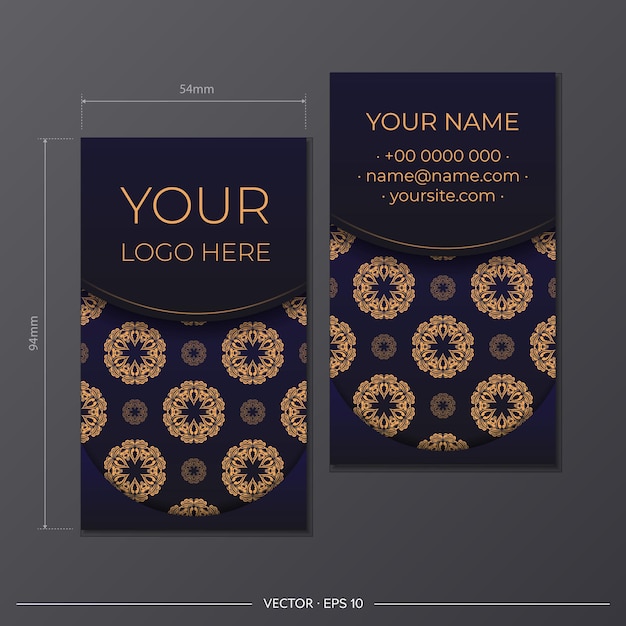 Vector business card in blue with luxurious ornaments. print-ready business card design with space for your text and vintage patterns.