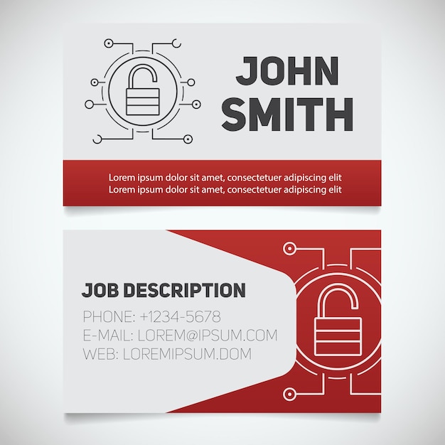 Business card print template with open lock logo Easy edit Digital security Personal data Padlock in microchip pathways Stationery design concept Vector illustration