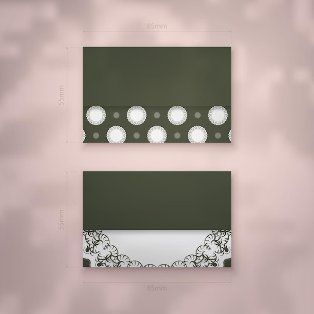 Vector business card template in dark green color with luxurious white ornaments for your business.