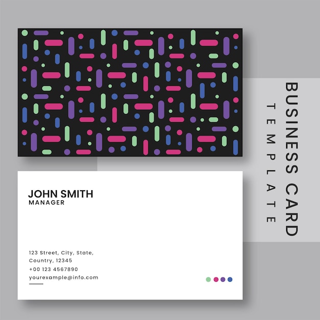 Vector business card template design with multicolor dot lines in font and back view.