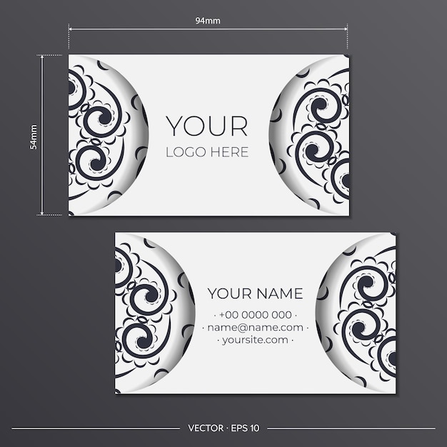 Vector business card template in white with black luxurious ornaments. print-ready business card design with monogram patterns.