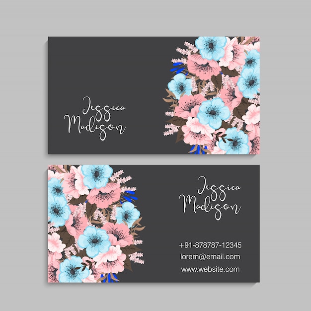 business card template with colorful flowers, leaf, herb.