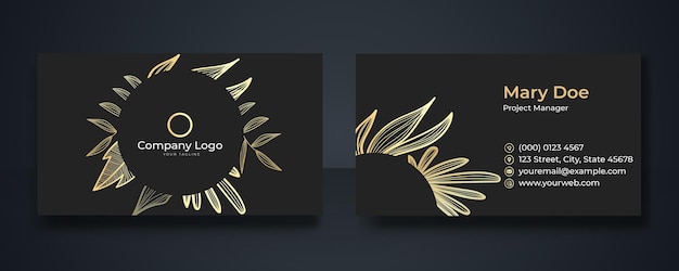 Business card template with gold and black floral background. Stylish golden premium luxury business card template design