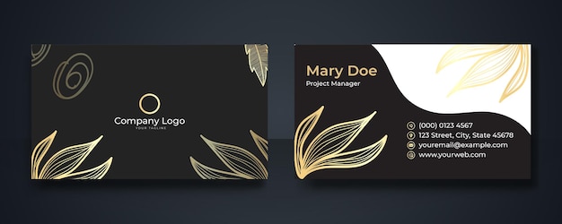 Business card template with gold and black floral background. Stylish golden premium luxury business card template design