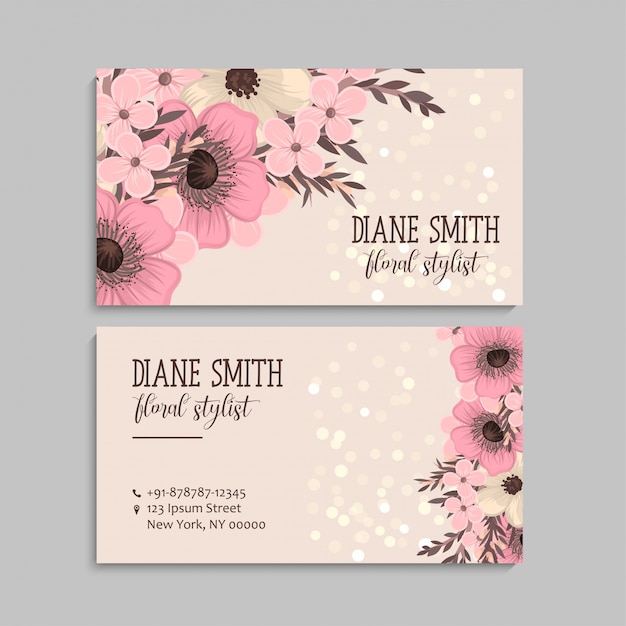 Business card with beautiful pink flowers. Template