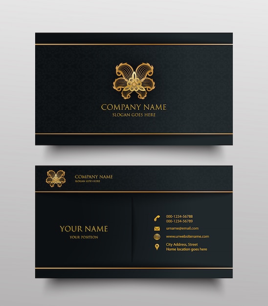 business card with gold floral logo and place for text