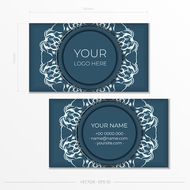 Business cards in Blue with luxurious light patterns Business card design with vintage ornament