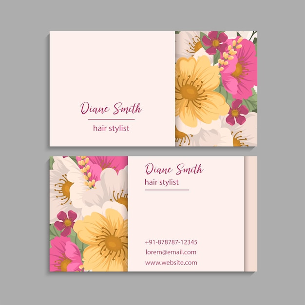 Business cards template pink flowers. Back and front