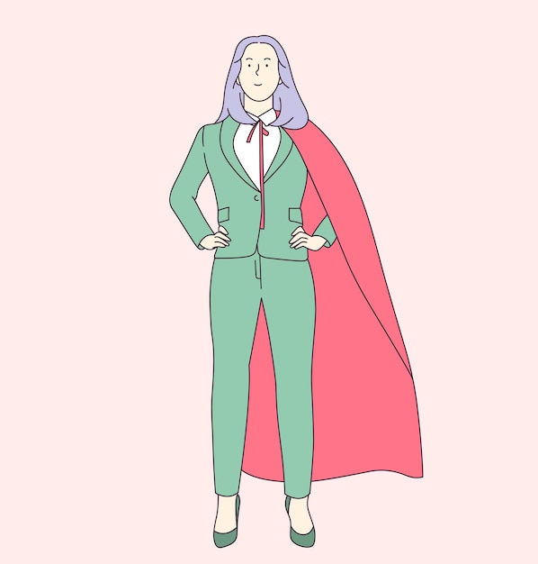 Business career growth and leadership concept. Successful business woman or girl office worker in suit and red cape.